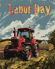 Obraz premium Labor Day text with red tractor on a field