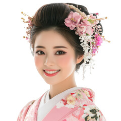 Fototapeta premium Portrait of a Young Japanese Woman in Traditional Clothing with Flowers in Hair