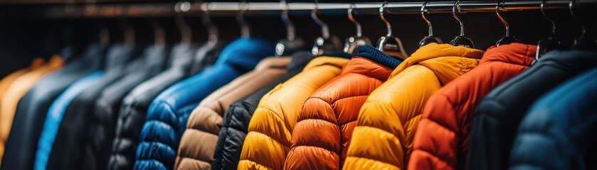 Fototapeta premium Colorful Winter Jackets on Display in a Clothing Store with Focus on Vibrant Outerwear