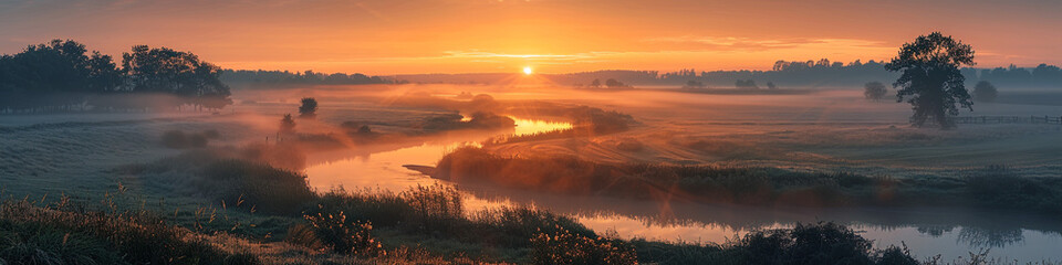 Fototapeta premium Tranquil rural landscape at sunrise, with a river softly illuminated by the morning light, flowing through verdant fields and pastures.
