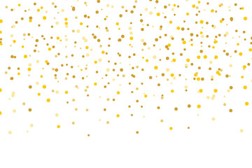 Gold glitter confetti dots falling on transparent PNG. Sparkling shiny gold dust particles isolated on white background. Golden dust powder confetti border. Party, event, Celebration design elements  