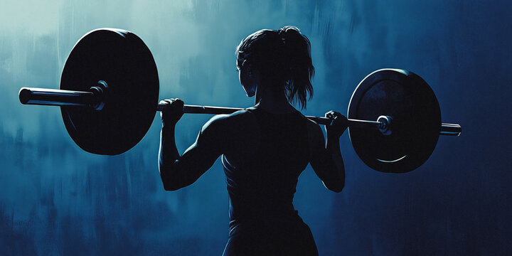 A silhouette of an athletic woman lifting weights, her form highlighted by soft lighting against a blue backdrop, embodies strength and determination in the gym.