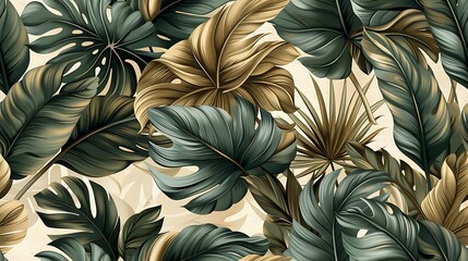 Seamless wallpaper design of vintage botanical illustrations featuring palm leaves, monstera, and banana plants, set against a soft, earthy beige background, intricate details, natural light,