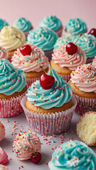 A poster with an adorable pattern of small, detailed cupcakes, decorated with sprinkles, cherries, and frosting, in soft pastel colors, scattered across a white or light pastel background, creating a 