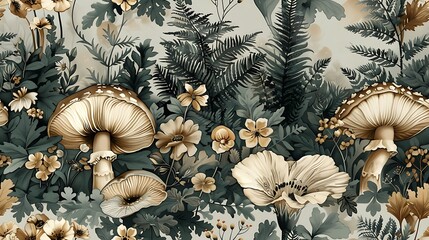 Seamless wallpaper design of vintage botanical illustrations featuring woodland elements like mushrooms, ferns, and forest flowers, set against a soft, earthy background, intricate hand-drawn details,
