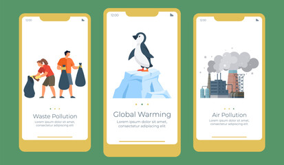 Mobile interface illustration showcasing waste pollution, global warming, and air pollution. The design highlights environmental issues, raising awareness through a clean and modern layout.