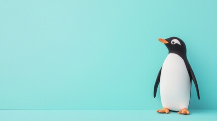 Obraz premium 3D baby penguin waddling on a pastel blue paper textured background, soft lighting and playful mood, 3D animal, cute and serene