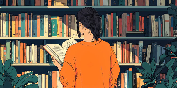 A girl in an orange sweater stands between two plants, back to the camera, reading an open book atop tall bookshelves.