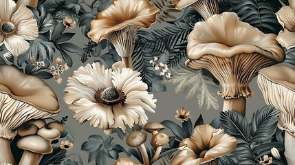 Seamless wallpaper design of woodland wonders, including detailed illustrations of mushrooms, ferns, and forest flowers, soft earthy tones, vintage style, whimsical and enchanting, hand-drawn,