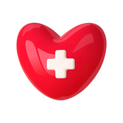 3d red heart with white cross. Health and medical icon. Cartoon vector illustration