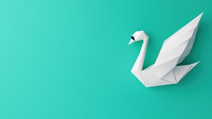 3D origami swan gliding on a pastel teal paper background, elegant curves with intricate paper textures, 3D origami animals, graceful minimalism