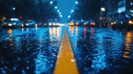 Obraz premium Rainy night in the big city, the headlights of the approaching car. Close up view from the asphalt level,dividing line,by streetlights, reflections of city lights on rain-covered road,night time.
