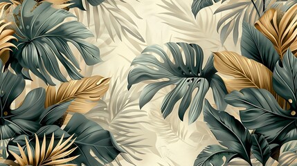 Tropical ferns seamless wallpaper design, with hand-drawn vintage illustrations of large, lush fern fronds, deep green tones, textured earthy backdrop, intricate details, tropical and vibrant,