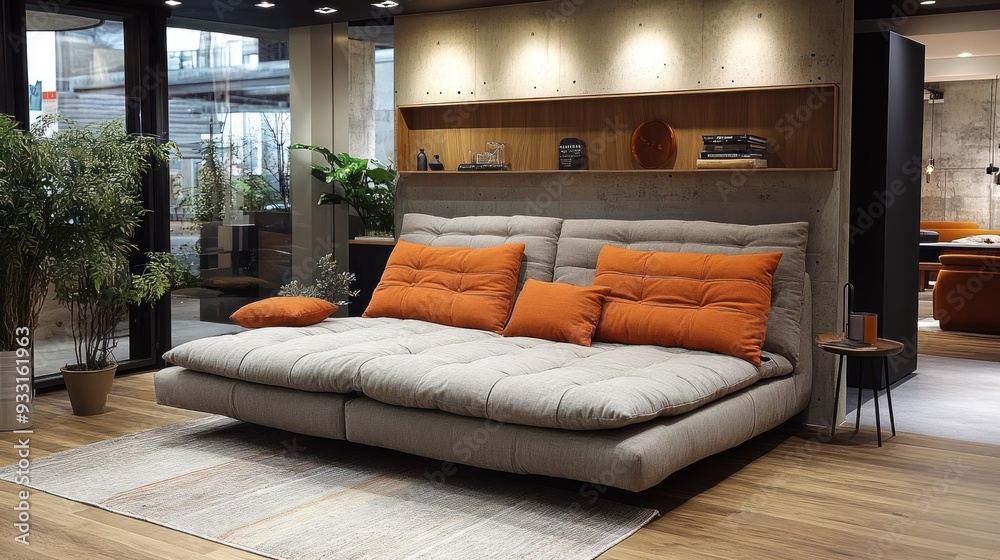 Poster modern grey sofa with orange pillows in a showroom