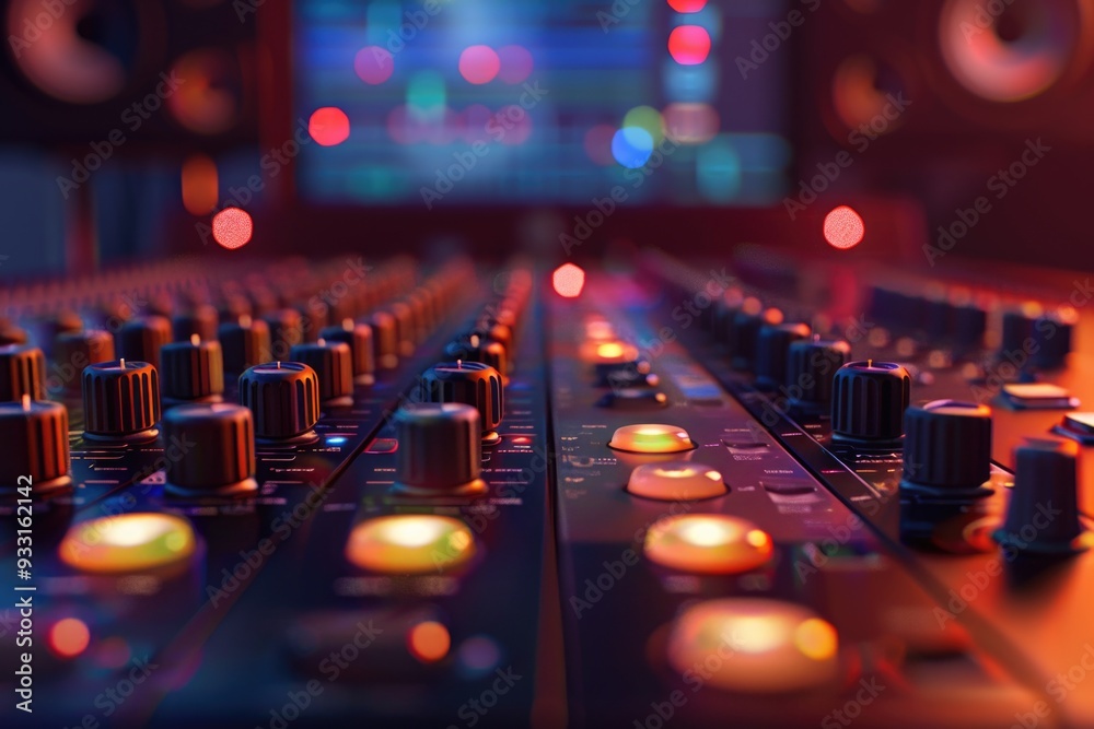 Aufkleber A close-up view of a sound board with colorful lights in the background, suitable for use in music-related projects or as an abstract design element