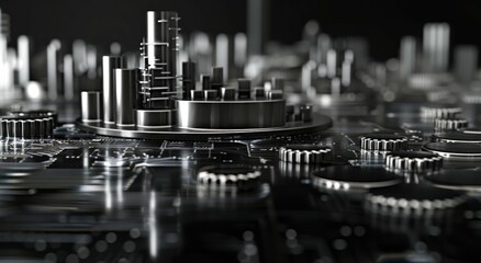 Abstract futuristic cityscape with metallic structures on a sleek, dark background, showcasing technology and innovation in a visually striking way