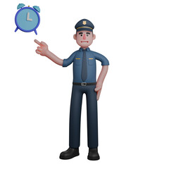 Professional Male in 3D - Police. A smiling police officer is pointing towards a blue alarm clock. Cartoon Illustration