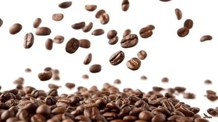 Naklejka premium Flying and Falling Fresh Coffee Beans on a White Background. Dynamic Scene Capturing Coffee Beans in Mid-Air and Descending, 