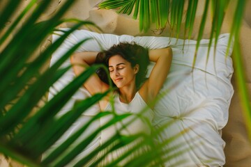 Rejuvenating rest is captured woman lies her side serene room. Serene ambiance reflects brasilian woman taking side nap comfortably. It reflects peaceful escape from daily stresses restful sleep.