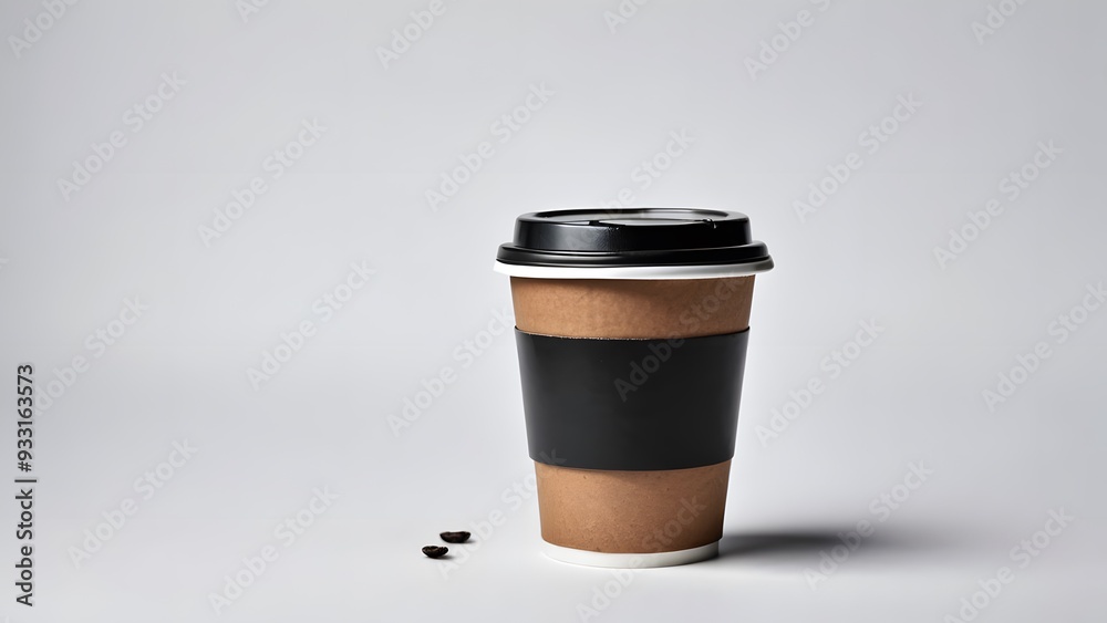 Wall mural Plain black paper coffee cup with lid on white background with copy space. Disposable cup used for most popular beverage, good for takeaway hot and cold drink