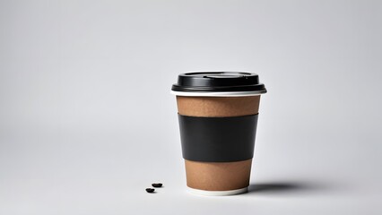 Plain black paper coffee cup with lid on white background with copy space. Disposable cup used for most popular beverage, good for takeaway hot and cold drink