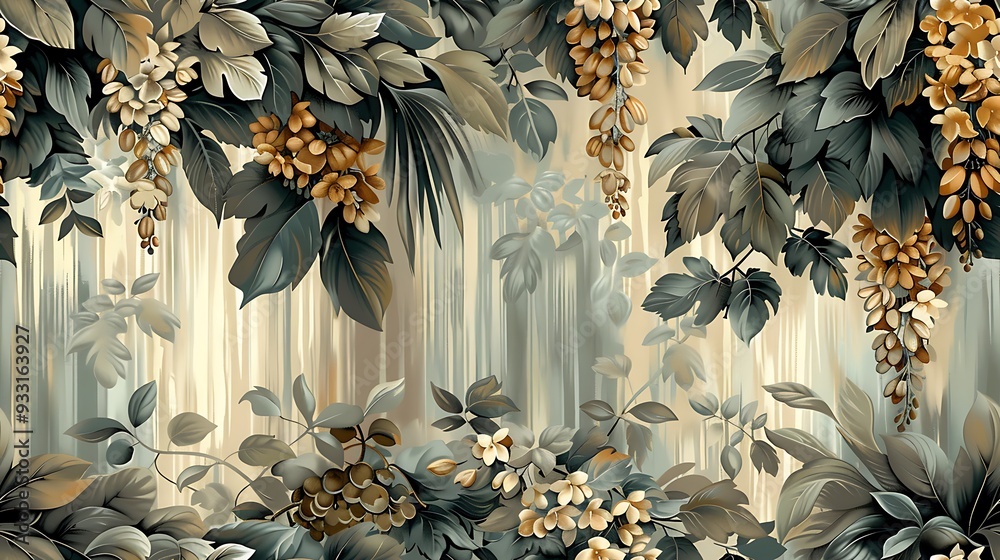 Wall mural vintage vines seamless wallpaper featuring intricate illustrations of ivy, honeysuckle, and wisteria