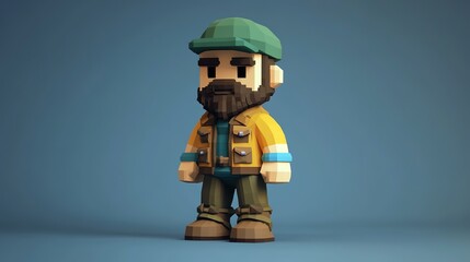 Naklejka premium 3d low poly character, short beard and green cap, wearing an adventure jacket