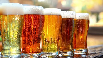 Enjoy a showcase of diverse craft beers displayed side by side, highlighting their different colors and textures amidst a vibrant autumn backdrop.