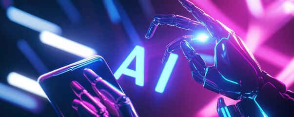 Futuristic AI robot hand interacting with a smartphone in neon lights representing technology advancement and artificial intelligence innovation