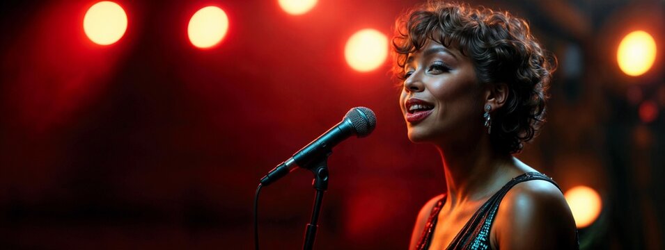 Singer woman. Black african female sing with microphone. Music girl on red stage. Musician model, jazz lady with mic in karaoke. Vintage singer beauty background. Fashion concert. Night girl banner