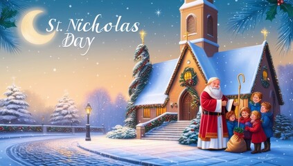 A serene winter evening scene depicting St Nicholas Day