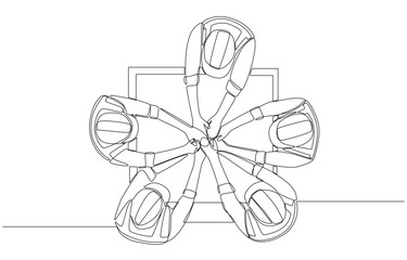 Continuous one line drawing of construction engineering team join hands together from top view, construction business concept, single line art.