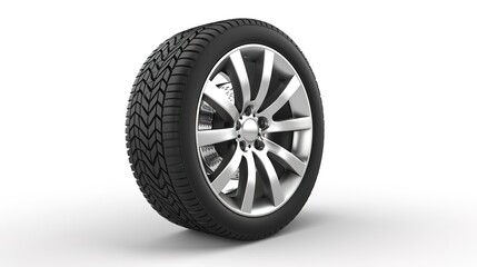 Obraz premium Photorealistic Car Tire on a White Background. Detailed and High-Resolution Close-Up of a Modern Vehicle Tire, Featuring Tread Patterns and Rubber Surface for Automotive and Transportation Use.