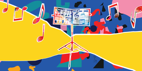 Music collage background with music stand and musical notes. © abstract
