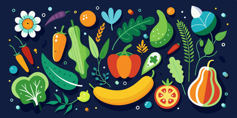 An abstract, appetizing collection of stylized vegetables including cucumbers, peppers, and other elements, set against a dark background. Abstract appetizing Vegetables collection.