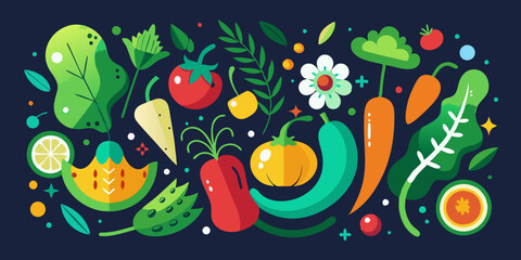 An abstract, appetizing collection of stylized vegetables including cucumbers, peppers, and other elements, set against a dark background. Abstract appetizing Vegetables collection.