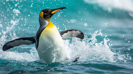 Fototapeta premium king penguin jumping out of the water