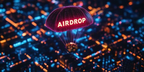 Futuristic Airdrop System Highlighting Digital Innovation Above a Vibrant Cityscape