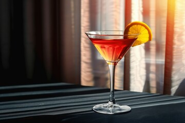   A close-up photo of a glass containing a purple grape slice and a bright background illumination. Beautiful simple AI generated image