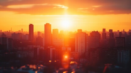 Blurred of Sunset city view in office building,view of window wall building with sunrise city view background,Modern office interior,yellow and orange light tone,golden hour concept.