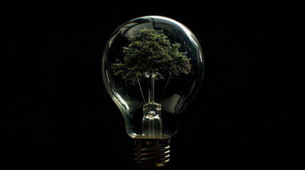 A light bulb with tree inside symbolizes fusion of nature and technology, evoking sense of innovation and environmental consciousness. 