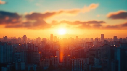 Fototapeta premium Blurred of Sunset city view in office building,view of window wall building with sunrise city view background,Modern office interior,yellow and orange light tone,golden hour concept.
