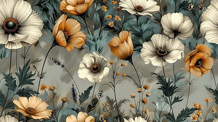 Wildflower seamless wallpaper design, with hand-drawn vintage illustrations of daisies, poppies, and lavender, soft pastel color palette, muted boho backdrop, intricate details, natural light effect,