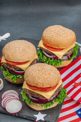 Homemade burgers. An American classic, traditional food for picnic or celebration Independence Day