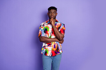 Photo portrait of handsome young guy minded skeptical face dressed stylish colorful garment...