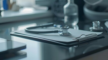 Stethoscope and clip board on the doctor workplace close up. 