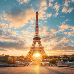 Obraz premium Eiffel Tower at dawn, French Tower at sunset, romance.