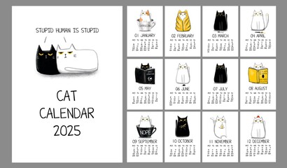 2025 Annual Calendar animals. Set of 12 month illustration. Hand Drawn kitten character in cartoon style isolated on white background.
