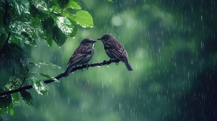 Fototapeta premium Photograph of two birds perched on a branch surrounded by lush green leaves in the rain.