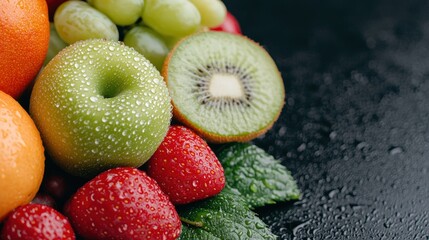 Freshly Washed Fruits with Water Droplets - Closeup with Copy Space, Selective Focus, Quality